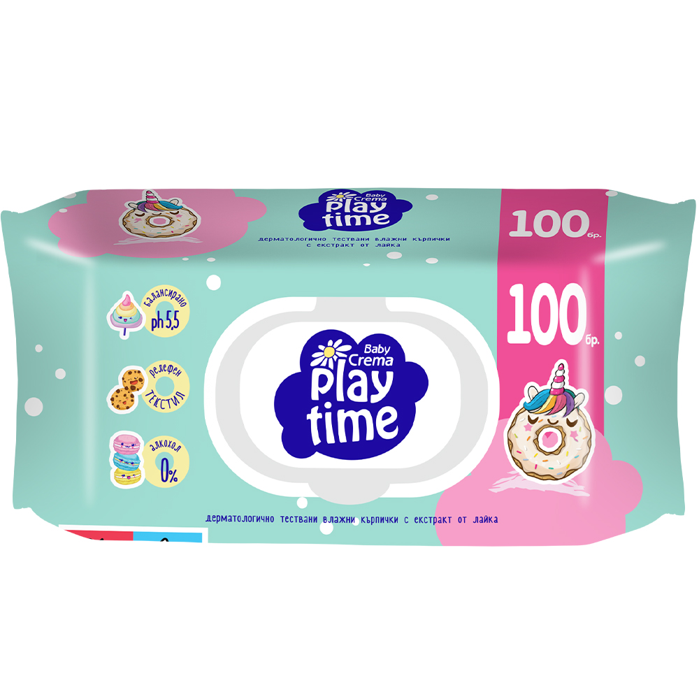 BABY CREMA PLAY TIME мокри кърпички с екстракт от лайка, зелени х 100 бр /с капак/ - Бебешка и детска козметика