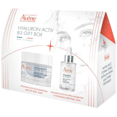 AVENE BOX КОМПЛЕКТ HYALURON ACTIV B3 РЕГЕНЕРИРАЩ АКВА ГЕЛ-КРЕМ 50мл +СЕРУМ-КОНЦЕНТРАТ ЗА ЛИЦЕ 30мл+SUN SPF50 АНТИ-ЕЙДЖ ФЛУИД 5мл