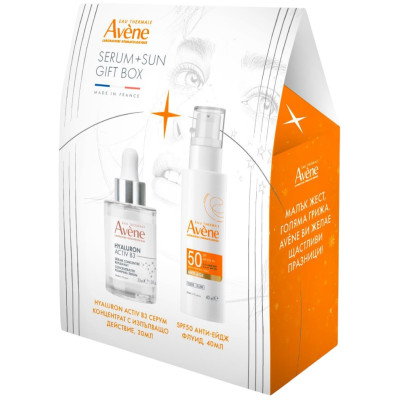 AVENE BOX КОМПЛЕКТ HYALURON ACTIV B3 СЕРУМ КОНЦЕНТРАТ за лице с изпълващо действие 30 мл + SUN SPF50 АНТИ-ЕЙДЖ ФЛУИД 40 мл