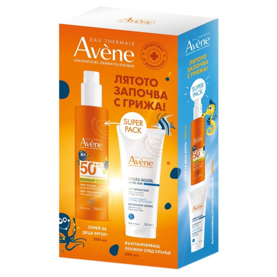 AVENE SUN BOX КОМПЛЕКТ SPF50+ слънцезащитен СПРЕЙ ЗА ДЕЦА за лице и тяло 200 мл + възстановяващ лосион след слънце 200 мл