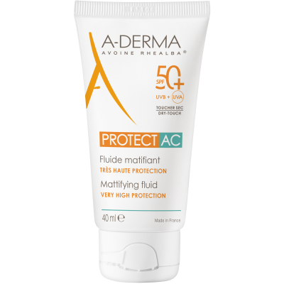 А-ДЕРМА PROTECT AC SPF50+ матиращ водоустойчив слънцезащитен флуид за мазна кожа склонна към акне 40 мл