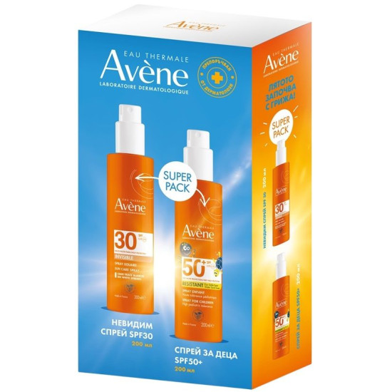 AVENE SUN BOX КОМПЛЕКТ SPF30 INVISIBLE слънцезащитен СПРЕЙ ЗА ВЪЗРАСТНИ за лице и тяло 200 мл + SPF50+ СПРЕЙ ЗА ДЕЦА 200 мл