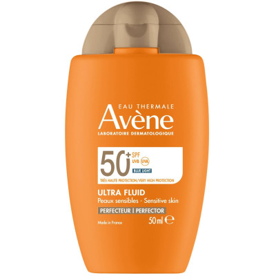AVENE SUN ULTRA FLUID SPF50+ PERFECTOR тониран слънцезащитен ултра флуид за изравняване тена на лицето за чувствителна кожа 50мл