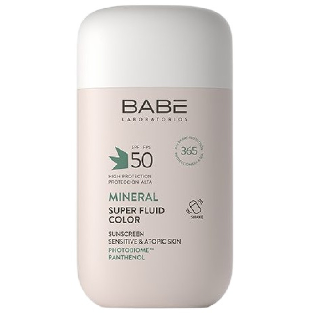 BABE MINERAL SUPER FLUID COLOR SPF50 минерален слънцезащитен супер флуид за лице с цвят за чувствителна кожа 50 мл - Слънцезащита