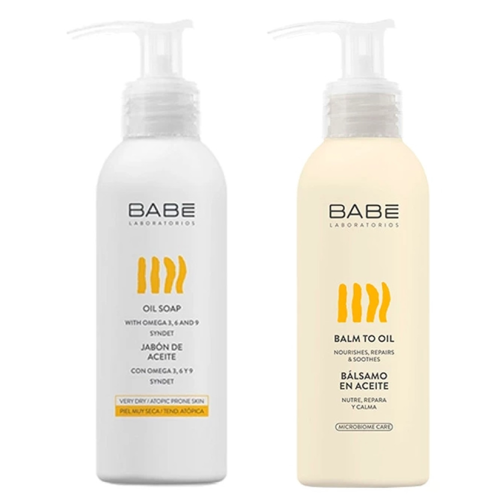 BABE КОМПЛЕКТ OIL SOAP течен сапун за тяло с Омега 3,6,9 за суха и атопична кожа 100 мл + BALM OIL балсам олио за тяло 100 мл