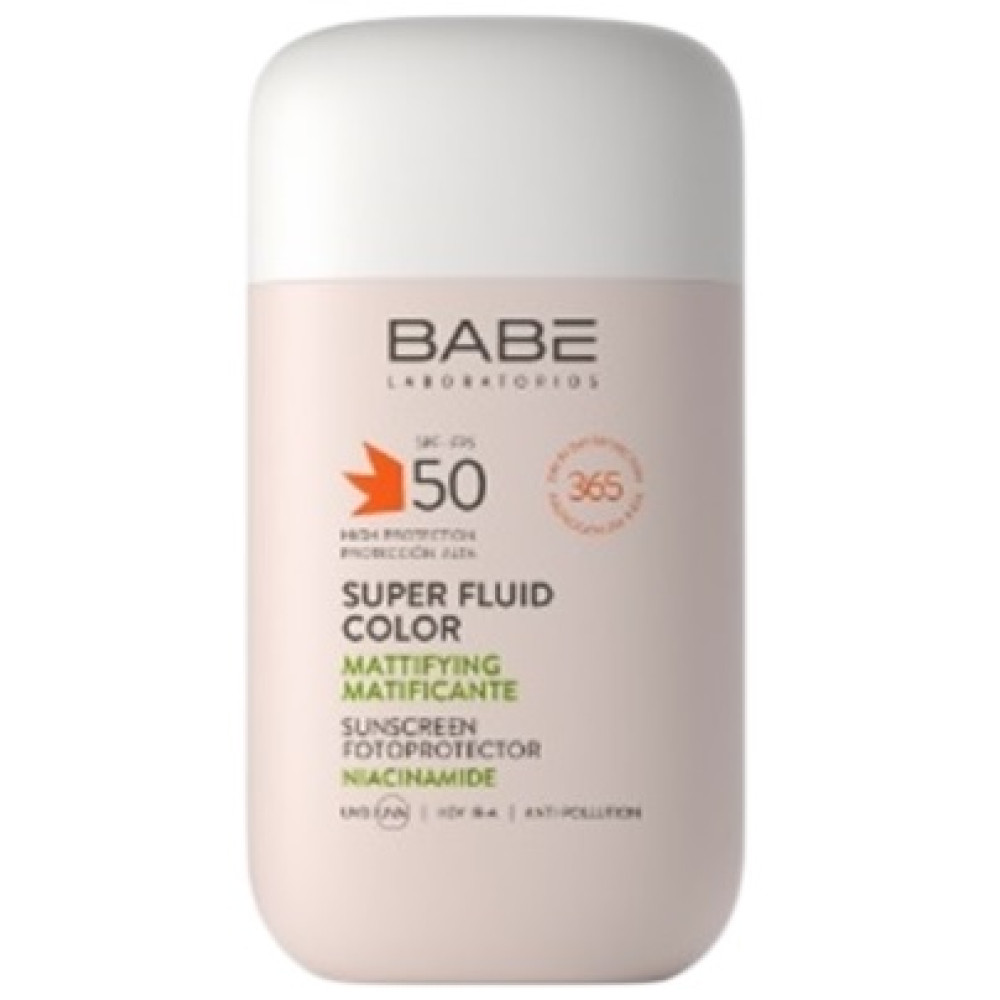 BABE SUPER FLUID COLOR MATTIFYING SPF50 слънцезащитен матиращ супер флуид за лице с цвят за мазна и акнеична кожа 50 мл - Слънцезащита