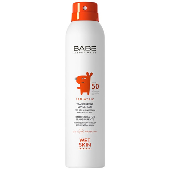 BABE PEDIATRIC TRANSPARENT SUNSCREEN WET SKIN SPF50 слънцезащитен спрей за лице и тяло за бебета и деца за влажна кожа 200 мл