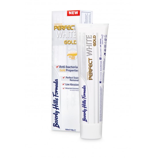 ᐉ БЕВЪРЛИ ХИЛС FORMULA PERFECT WHITE GOLD избелваща паста за зъби със златни частици 100 мл