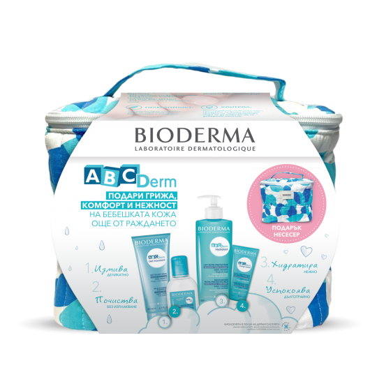 ᐉ БИОДЕРМА ABC DERM К-Т измиващ гел 200 мл + хидратиращо мляко 500 мл + миц вода 100 мл + крем при зачервена кожа от пелени 75 гр