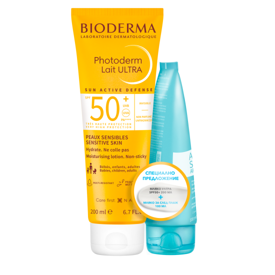 BIODERMA PHOTODERM ПРОМО КОМПЛЕКТ ULTRA слънцезащитно мляко SPF50+ 200 мл + мляко за след слънце 100 мл