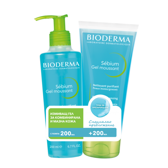 BIODERMA SEBIUM ПРОМО КОМПЛЕКТ Gel moussant измиващ гел за лице за мазна кожа с помпа 200 мл + гел в туба за презареждане 200 мл