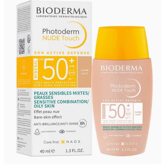 BIODERMA PHOTODERM Nude Touch Mineral SPF50+ Light слънцезащитен тониран минерален флуид за лице за мазна кожа светъл 40 мл