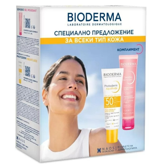 BIODERMA PHOTODERM КОМПЛЕКТ Aquafluide SPF50+ слънцезащитен неутрален крем за лице за чувствителна кожа 40мл + SENSIBIO гел 45мл