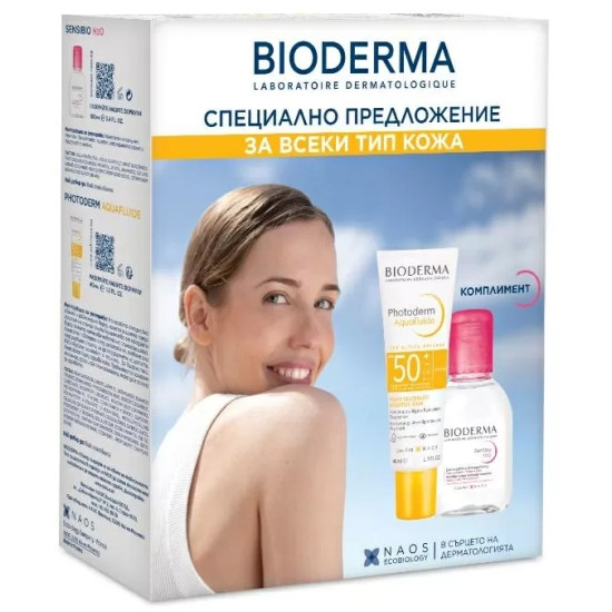 BIODERMA PHOTODERM КОМПЛЕКТ Aquafluide SPF50+ слънцезащитен неутрален крем за лице 40 мл + SENSIBIO H2O мицеларна вода 100 мл