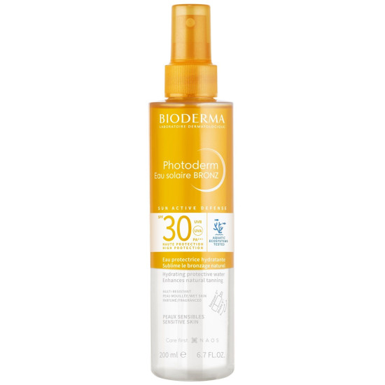 BIODERMA PHOTODERM BRONZ SPF30 Water хидратираща слънцезащитна двуфазна вода за лице тяло и коса за всеки тип кожа 200 мл
