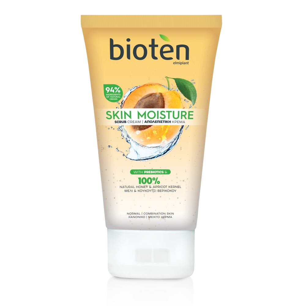 БИОТЕН SKIN MOISTURE SCRUB CREAM скраб крем за лице за нормална и комбинирана кожа с мед, кайсиеви ядки и пребиотици 150 мл