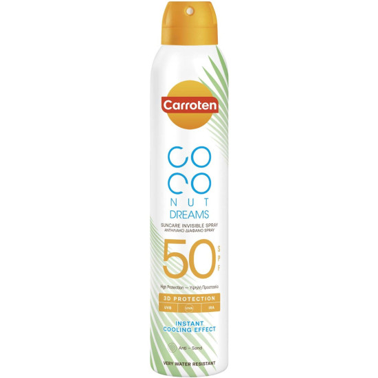 КАРОТЕН COCONUT DREAMS SUN SPRAY SPF50 слънцезащитно сухо олио спрей за тяло с аромат на кокос 200 мл