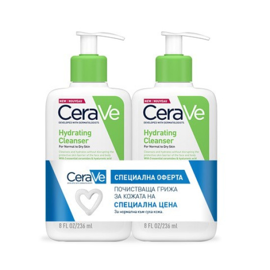 CERAVE HYDRATING CLEANSER DUO КОМПЛЕКТ хидратиращ измиващ крем за лице и тяло за нормална до суха кожа 2 х 236 мл