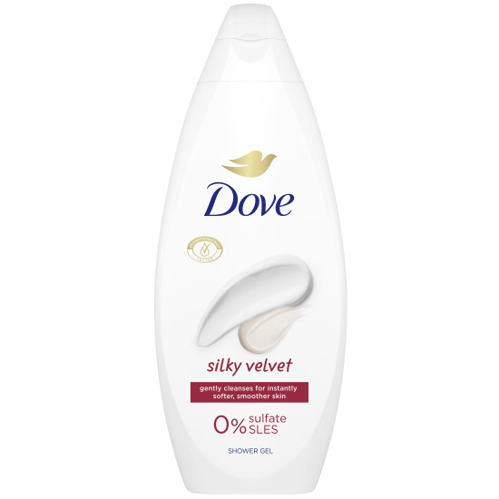 DOVE ESSENTIAL CARE SILKY VELVET нежно почистващ и омекотяващ кожата душ-гел с 0% сулфати 250 мл