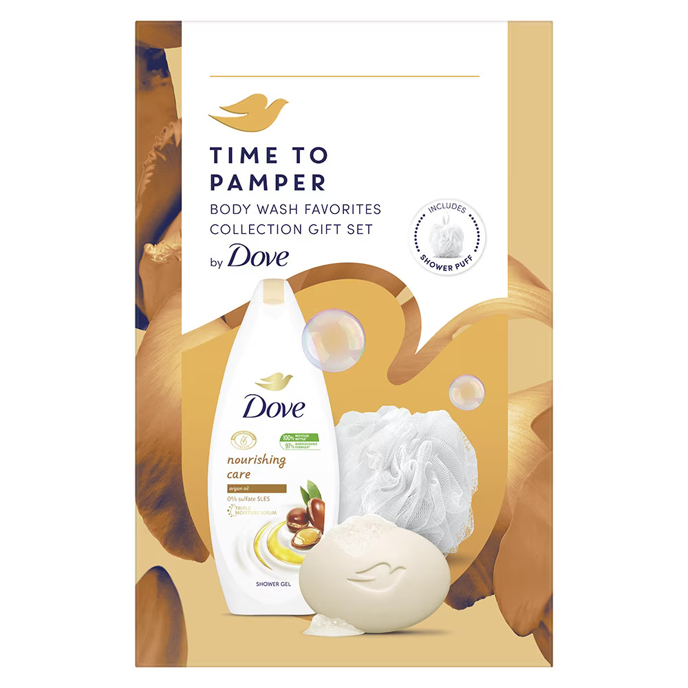 Комплект за жени DOVE NOURISHING CARE: Душ гел Dove Nourishing Care 250 мл + Сапун Dove Pampering Beauty 90 гр + Гъба за баня - Грижа за тялото