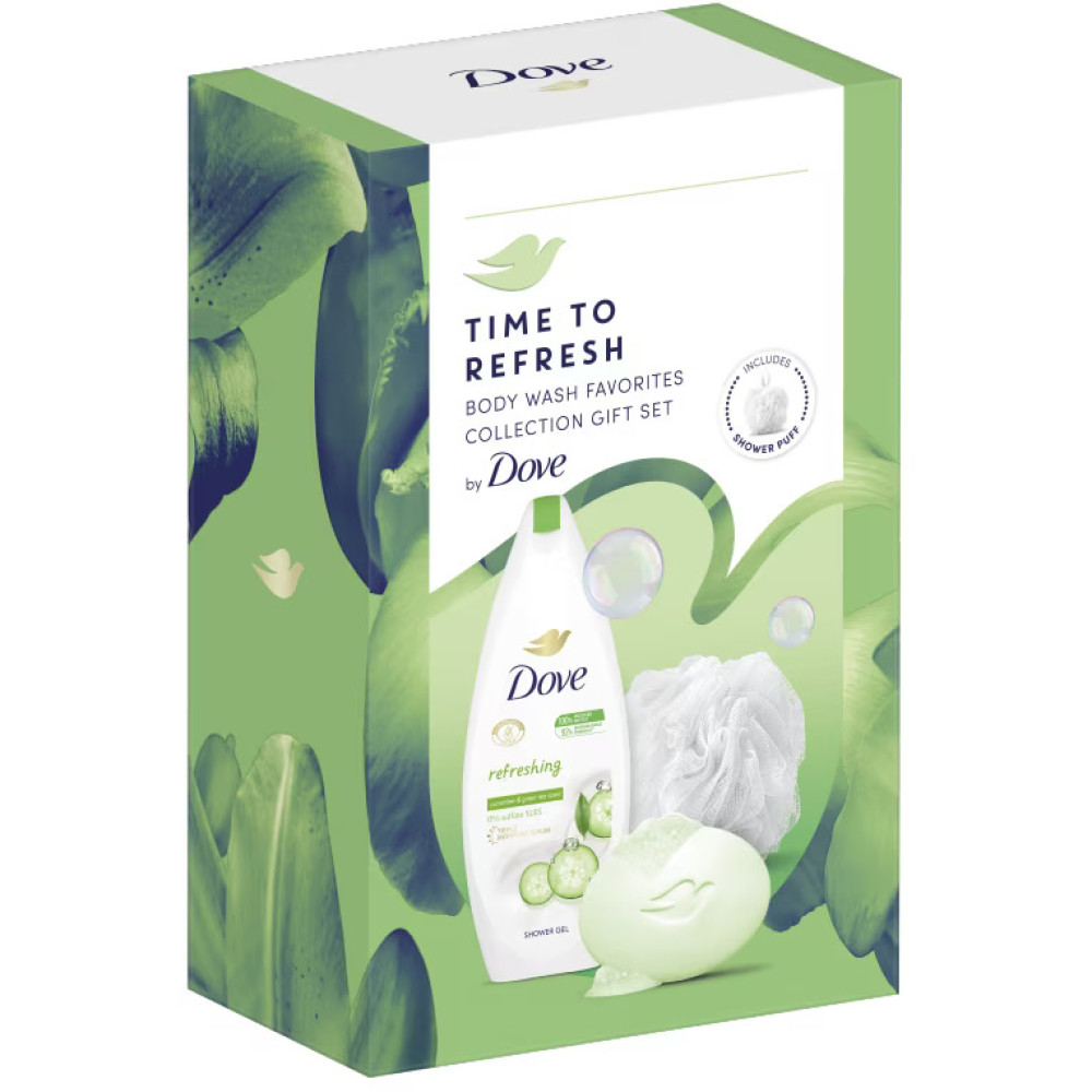 Комплект за жени DOVE REFRESHING: Душ гел Dove Refreshing 250 мл + Крем-сапун Dove Refreshing 90 гр + Гъба за баня - Грижа за тялото