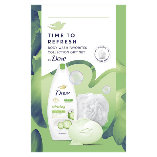 DOVE ПРОМО КОМПЛЕКТ REFRESHING душ гел за тяло 250 мл + крем-сапун 90 г + гъба за баня