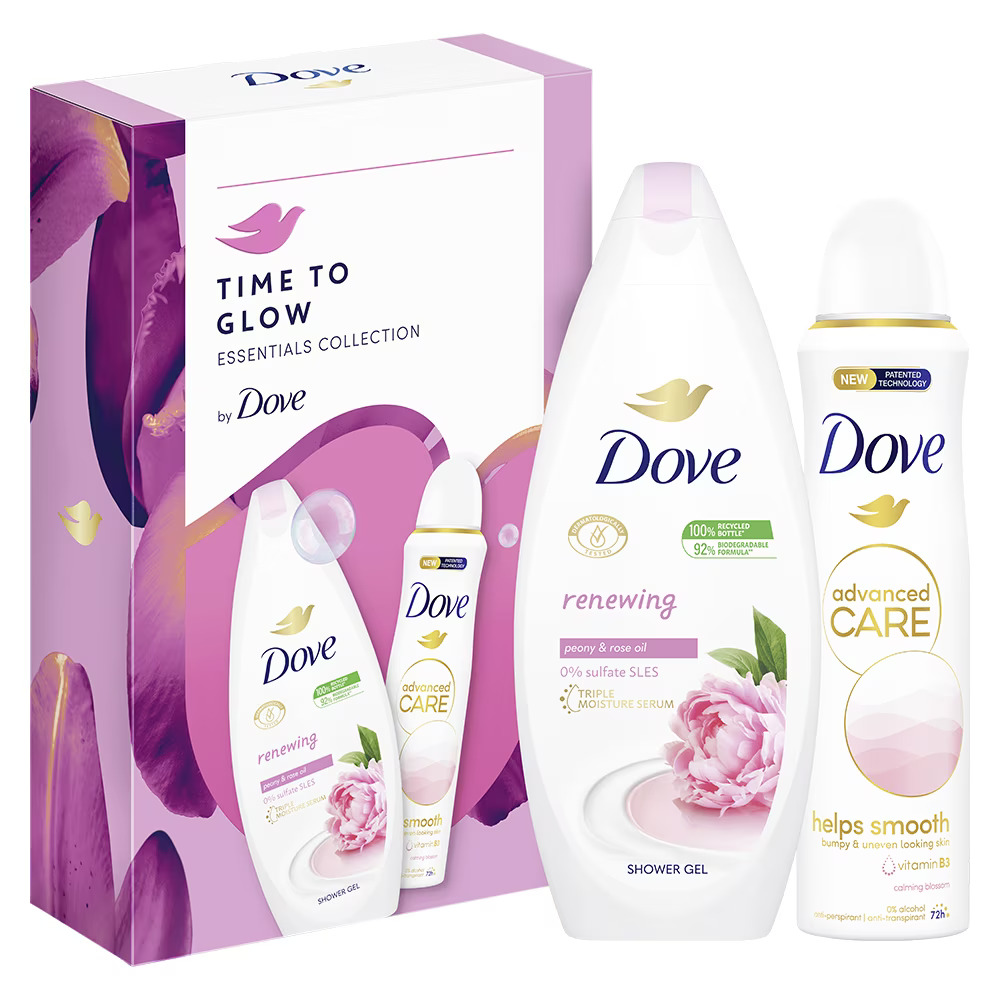 Комплект за жени DOVE RENEWING CARE: Душ гел Dove Renewing 250 мл + Део спрей Dove Calming Blossom 150 мл - Грижа за тялото