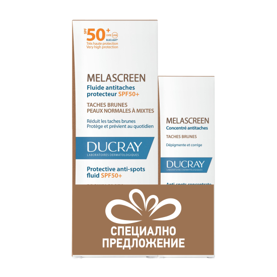 DUCRAY ПРОМО КОМПЛЕКТ MELASCREEN UV SPF50+ ФЛУИД за лице против петна за нормална комбинирана кожа 50 мл + КОНЦЕНТРАТ 30 мл
