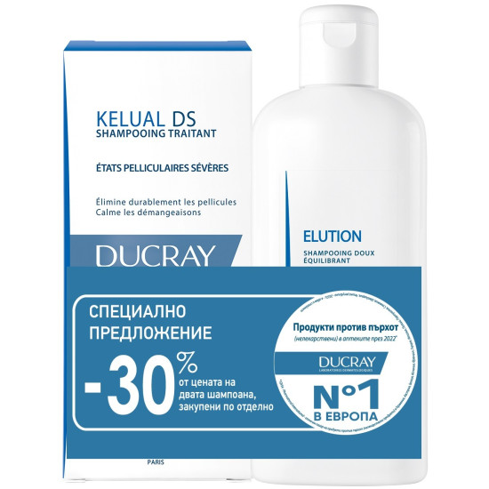 DUCRAY ПРОМО КОМПЛЕКТ KELUAL DS третиращ противопърхотен шампоан при себорея 100 мл + ELUTION ребалансиращ шампоан 200 мл