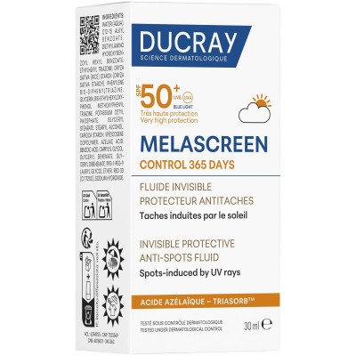 DUCRAY MELASCREEN CONTROL 365 DAYS SPF50+ INVISIBLE невидим флуид против петна с много висока слънцезащита 30 мл
