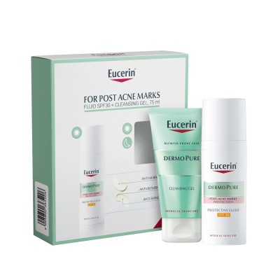 EUCERIN DERMOPURE ПРОМО КОМПЛЕКТ защитен флуид с SPF30 за кожа склонна към акне 50 мл + измиващ гел за лице с акнеична кожа 75мл