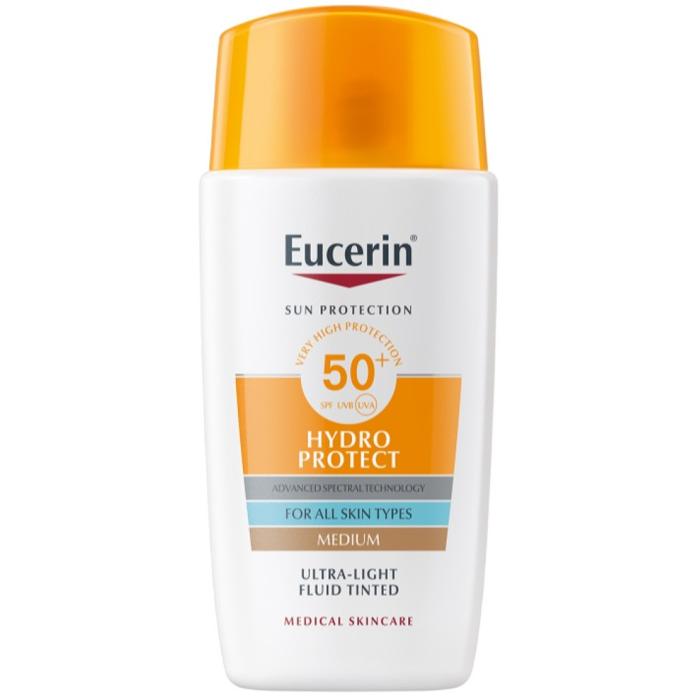 EUCERIN SUN HYDRO PROTECT SPF50+ MEDIUM оцветен слънцезащитен ултралек флуид за лице за всeки тип кожа ТЪМЕН 50 мл - Слънцезащита EUCERIN SUN HYDRO PROTECT SPF50+ MEDIUM оцветен слънцезащитен ултралек флуид за лице за всeки тип кожа ТЪМЕН 50 мл - Слънцезащита