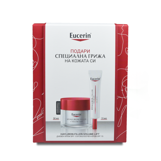 ЕУСЕРИН КОМПЛЕКТ HYALURON-FILLER + VOLUME LIFT дневен крем нормална кожа SPF15 50 мл + околоочен крем SPF15 15 мл /кутия/