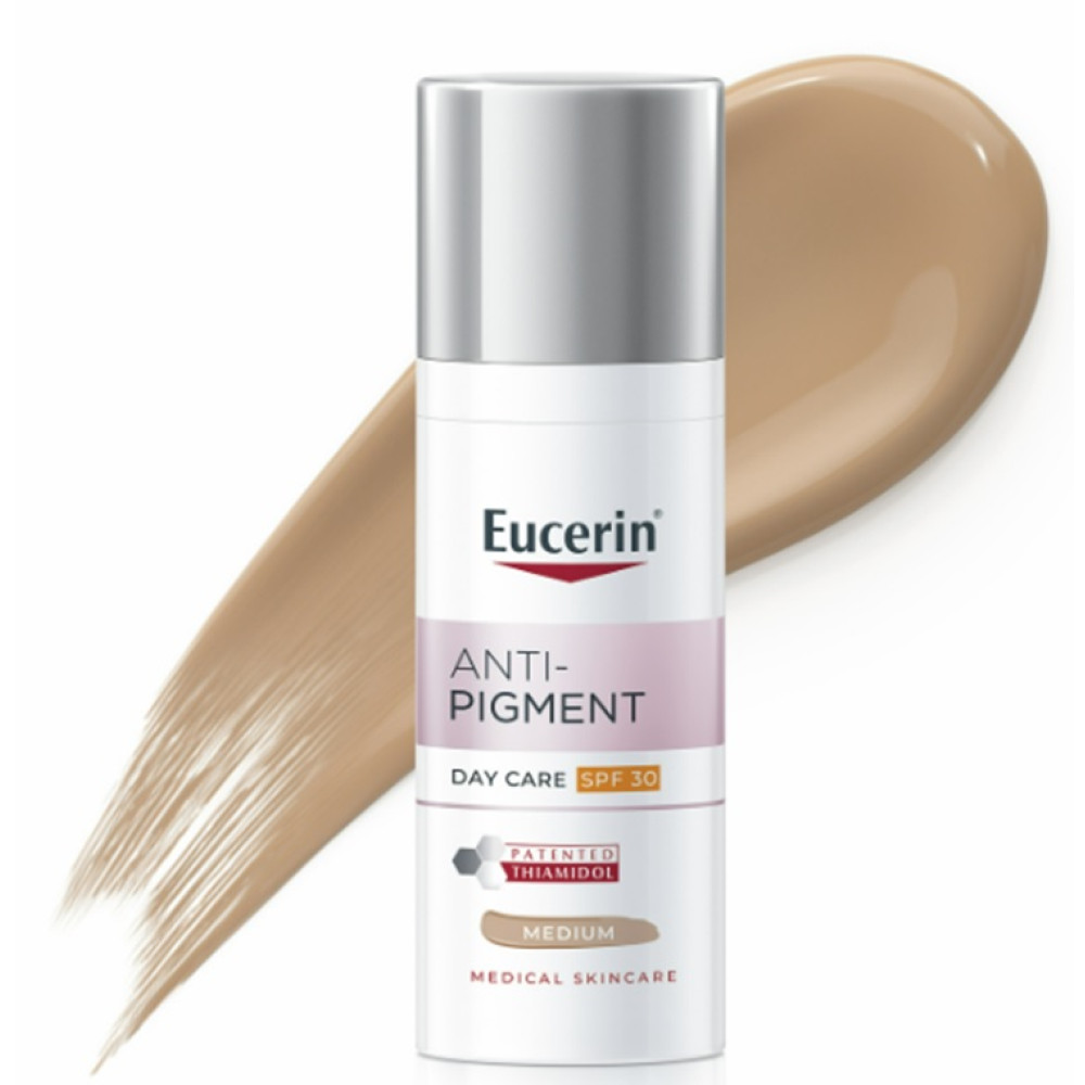 ЕУСЕРИН ANTI-PIGMENT MITTEL оцветен дневен крем, тъмен цвят SPF30 50 мл - Слънцезащита