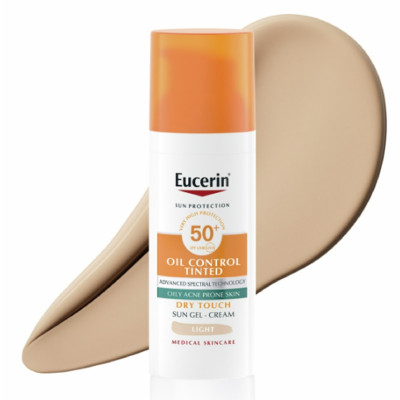 EUCERIN SUN OIL CONTROL SPF50+ Tinted Gel-cream Light оцветен слънцезащитен гел-крем за лице за акнеична кожа светъл нюанс 50 мл