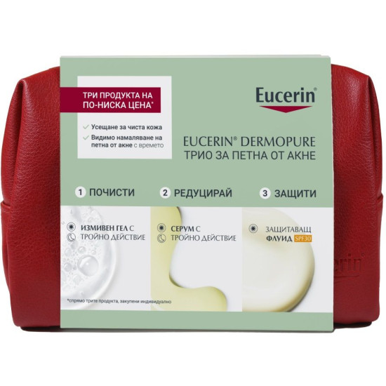 EUCERIN DERMOPURE КОМПЛЕКТ ТРИО ЗА ПЕТНА ОТ АКНЕ измивен гел 150 мл + серум 40 мл + флуид SPF30 50 мл /+ НЕСЕСЕР/