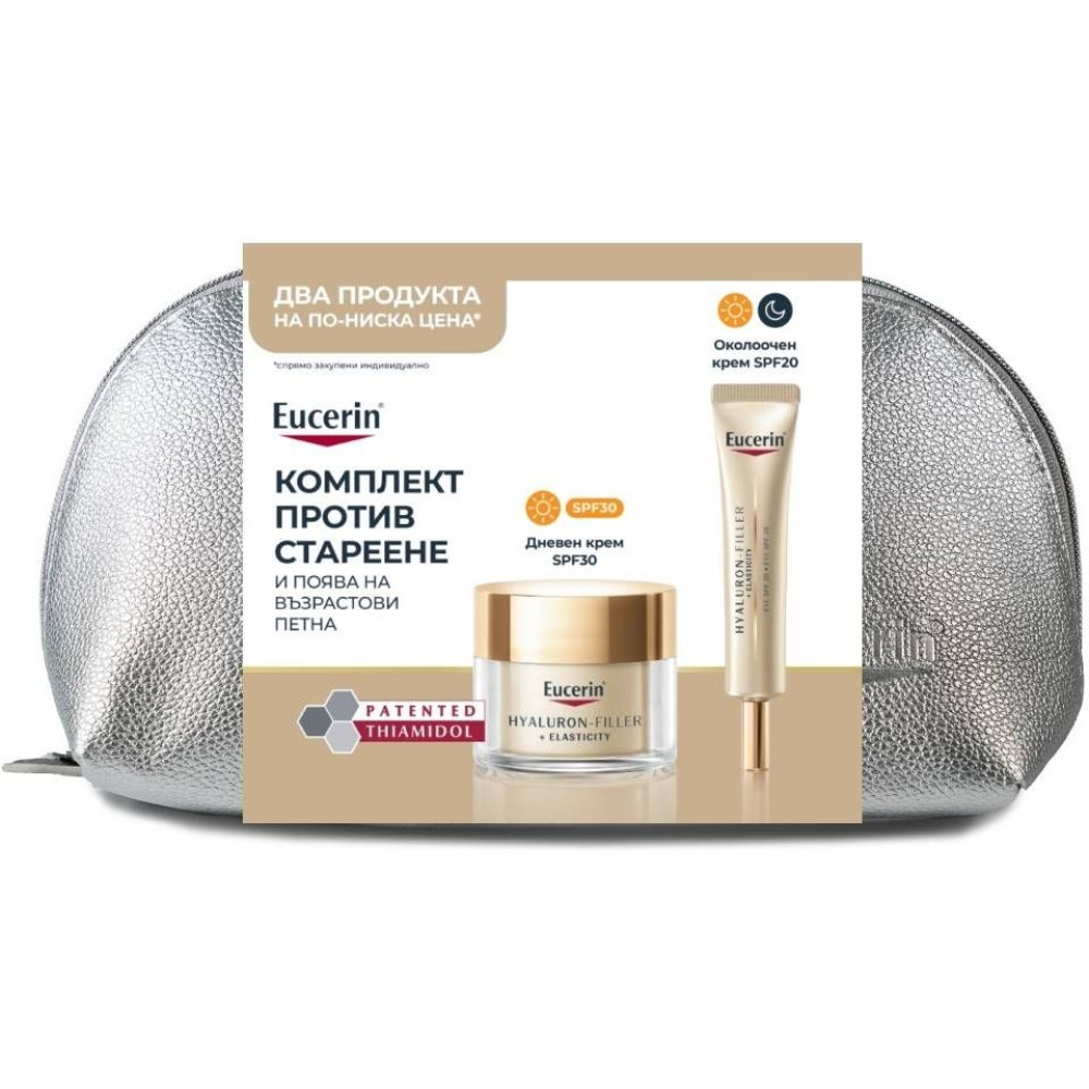 EUCERIN HYALURON-FILLER + ELASTICITY КОМПЛЕКТ дневен крем SPF30 50 мл + околоочен крем SPF20 15 мл + НЕСЕСЕР - Грижа за лицето
