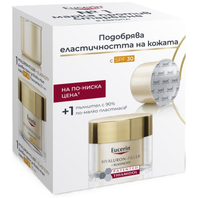 EUCERIN ПРОМО КОМПЛЕКТ HYALURON-FILLER + ELASTICITY SPF30 дневен крем за лице против бръчки за всеки тип кожа 50 мл + РЕФИЛ 50мл