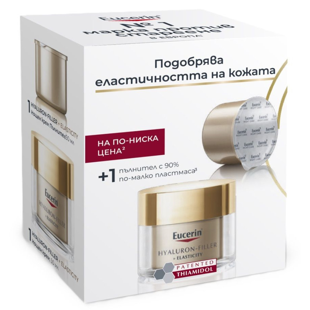 EUCERIN ПРОМО КОМПЛЕКТ HYALURON-FILLER + ELASTICITY нощен крем за лице против бръчки за всеки тип кожа 50 мл + РЕФИЛ 50 мл - Грижа за лицето