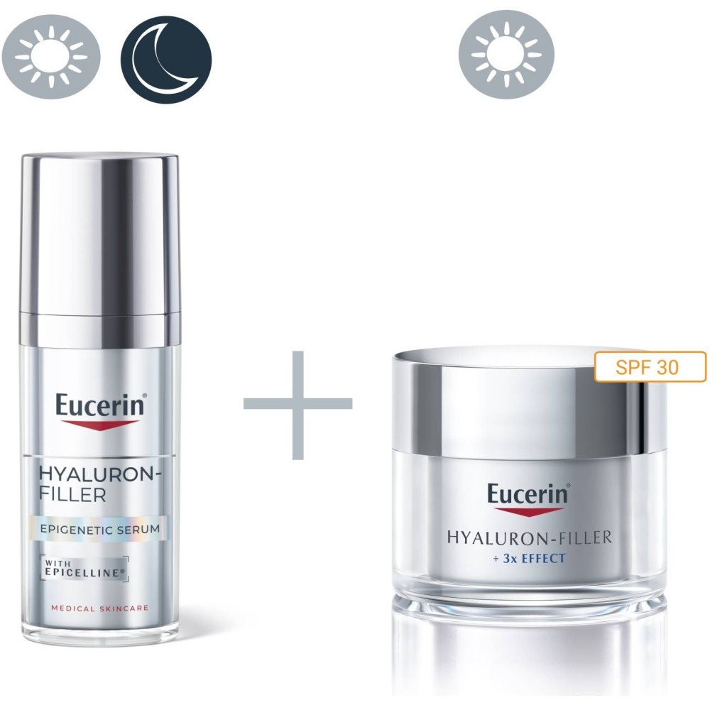 EUCERIN HYALURON-FILLER + 3x EFFECT КОМПЛЕКТ SPF30 дневен крем за лице за всеки тип кожа 50 мл + EPIGENETIC серум 30мл + НЕСЕСЕР - Грижа за лицето