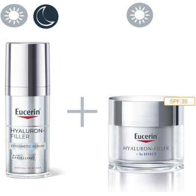 EUCERIN HYALURON-FILLER + 3x EFFECT КОМПЛЕКТ SPF30 дневен крем за лице за всеки тип кожа 50 мл + EPIGENETIC серум 30мл + НЕСЕСЕР