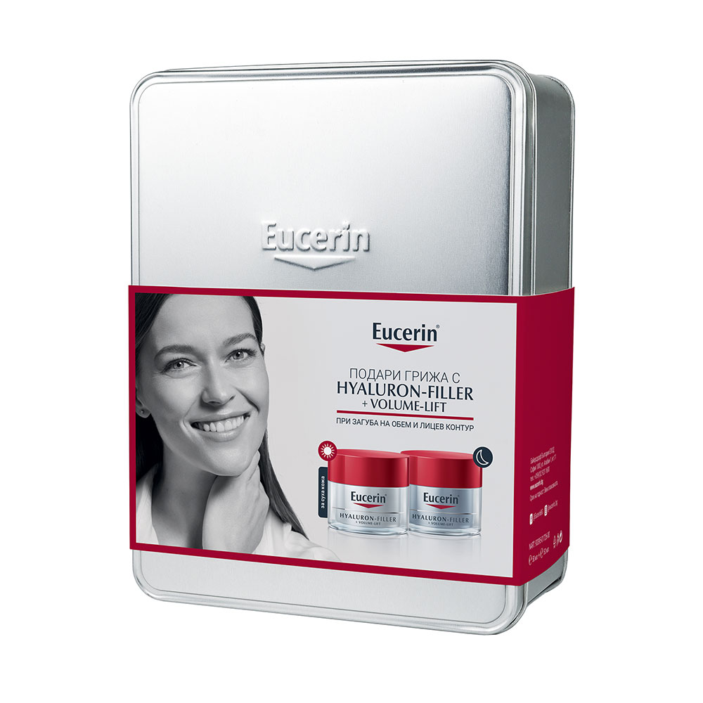 ЕУСЕРИН HYALURON-FILLER + VOLUME LIFT ПРОМО КОМПЛЕКТ дневен крем за суха кожа SPF15 50 мл + нощен крем 50 мл - Грижа за лицето