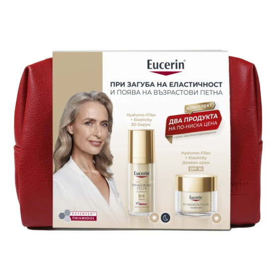 EUCERIN HYALURON-FILLER + ELASTICITY ПРОМО КОМПЛЕКТ В НЕСЕСЕР 3D серум за лице против бръчки 30 мл + дневен крем SPF30 50 мл