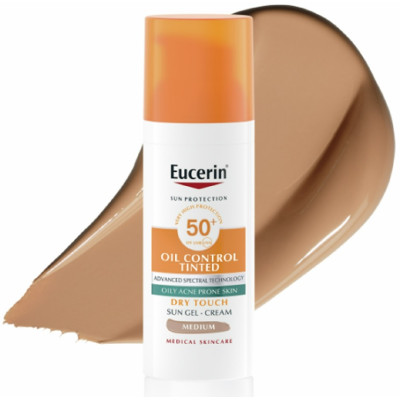 EUCERIN SUN OIL CONTROL SPF50+ Tinted Gel-cream Medium оцветен слънцезащитен гел-крем за лице за акнеична кожа тъмен нюанс 50 мл