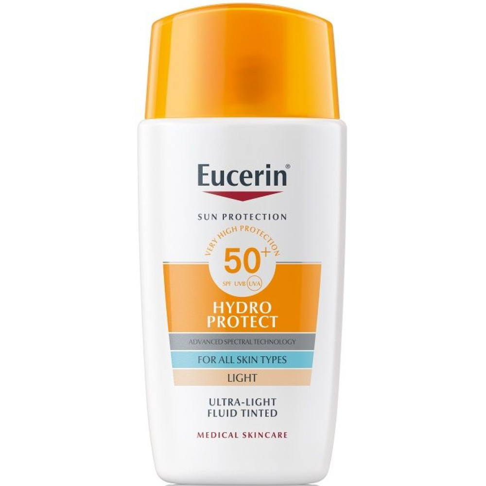 EUCERIN SUN HYDRO PROTECT SPF50+ LIGHT оцветен слънцезащитен ултралек флуид за лице за всеки тип кожа СВЕТЪЛ 50 мл - Слънцезащита