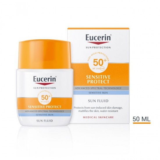 ᐉ ЕУСЕРИН SUN SENSITIVE PROTECT SPF50+ слънцезащитен матиращ флуид за лице 50 мл
