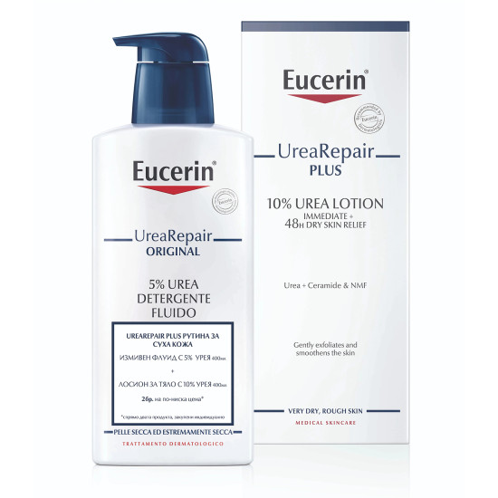 EUCERIN UREAREPAIR ПРОМО КОМПЛЕКТ РУТИНА ЗА СУХА КОЖА измивен флуид за тяло с 5% урея 400 мл + лосион за тяло с 10% урея 400 мл