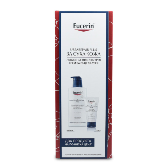 EUCERIN UREAREPAIR PLUS КОМПЛЕКТ лосион за тяло за суха кожа с 10% урея 400 мл + крем за ръце 5% урея 75 мл /кутия/