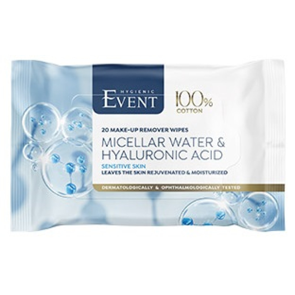 ЕВЕНТ MICELLAR WATER & HYALURONIC ACID MAKE-UP REMOVER WIPES мокри кърпи за грим за чувствителна кожа х 20 бр - Декоративна козметика