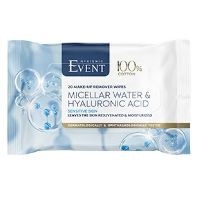 ЕВЕНТ MICELLAR WATER & HYALURONIC ACID MAKE-UP REMOVER WIPES мокри кърпи за грим за чувствителна кожа х 20 бр